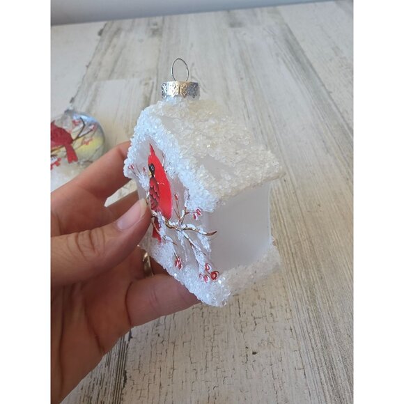 Glass Cardinal sparkle ornament‎ bird Xmas tree oval - Picture 7 of 8
